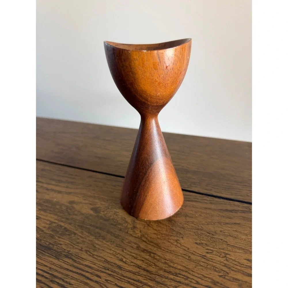 Vintage Teak Wood Candle Holder 6in Brown Good MCM Hourglass Danish